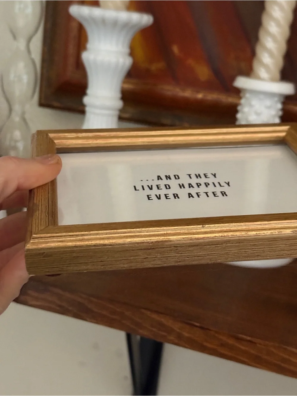 New happily ever after wedding couple in vtg 4x6”Gold Frame Inspirational Quote